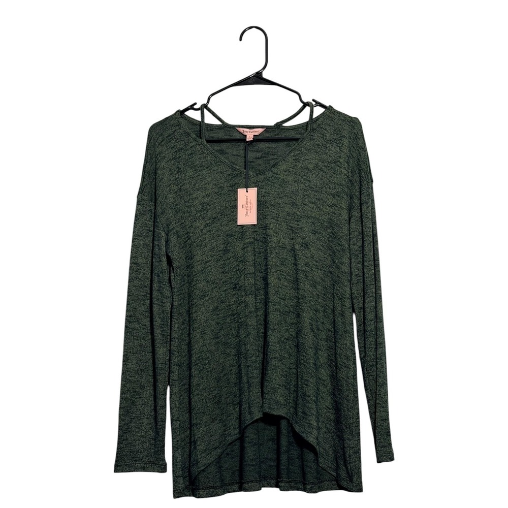 Juicy Couture Earthy V-Neck Long Sleeve Top Olive Green Black Women's Large NWT